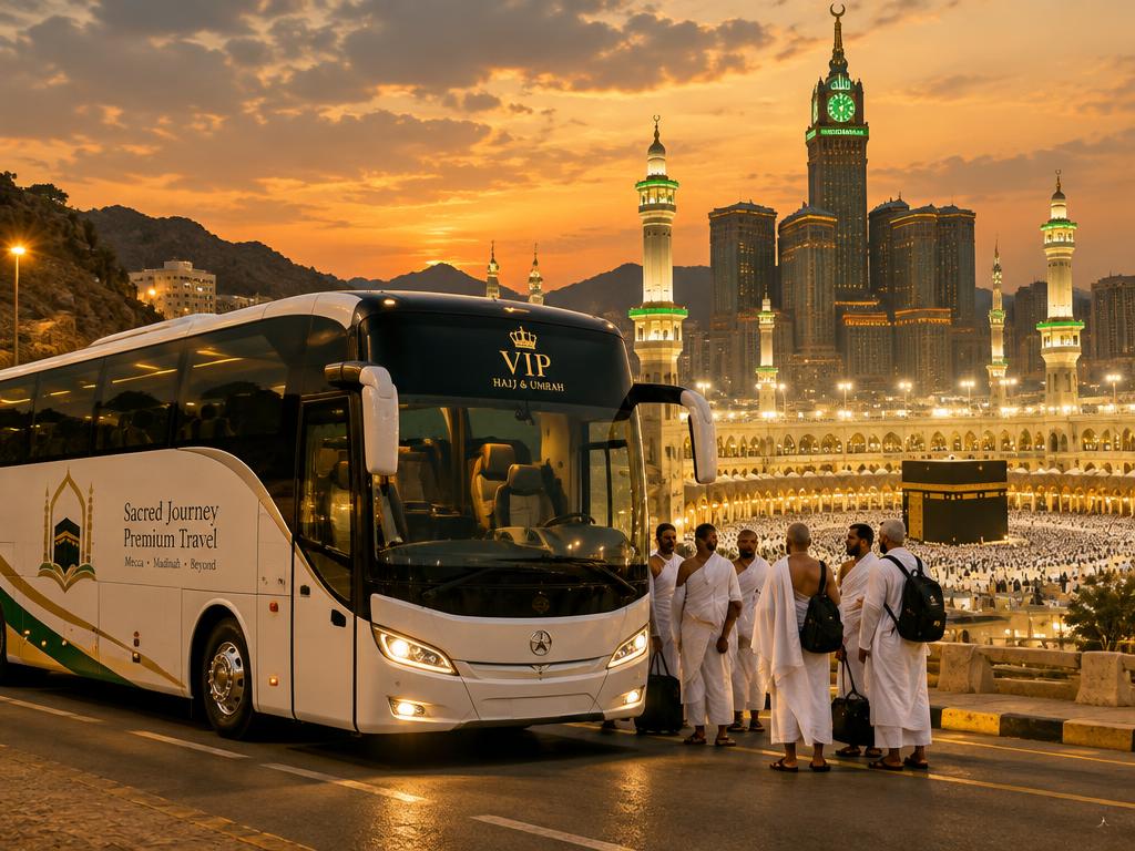 باص VIP فاخر لرحلات العمرة أمام الحرم المكي مع حجاج بملابس الإحرام
